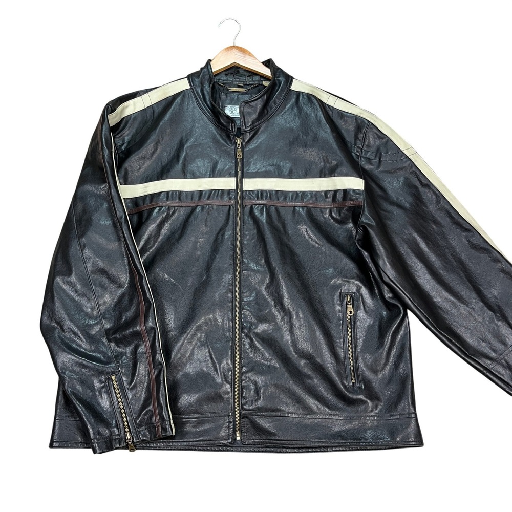 Vintage Cafe Racer Jacket Men XL Black Stripes Biker Zip Faux Leather PX Genuine